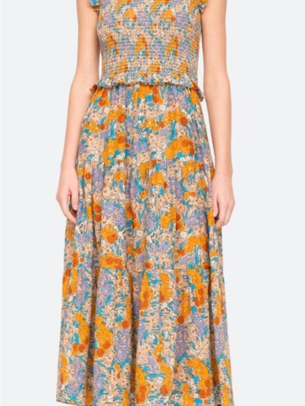 Sea New York Biarritz Floral Smocked Maxi Dress in Teal & Mustard
